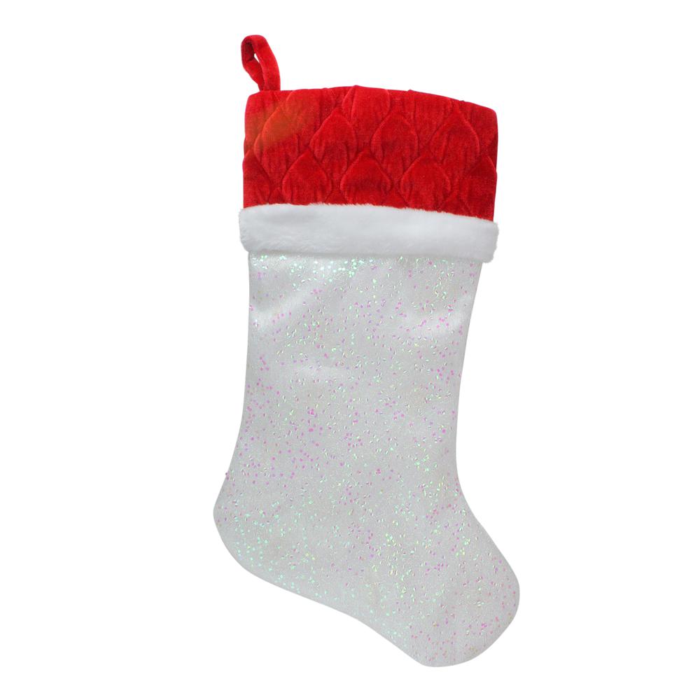 22.25" LED Lighted White Iridescent Glittered Christmas Stocking with Red Cuff. Picture 1