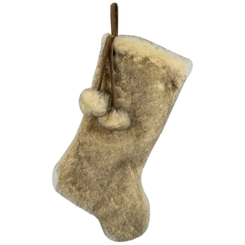 Faux Fur Christmas Stocking with Pom Poms - 20.5" - Beige and Brown. Picture 1