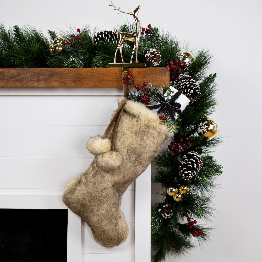 Faux Fur Christmas Stocking with Pom Poms - 20.5" - Beige and Brown. Picture 2