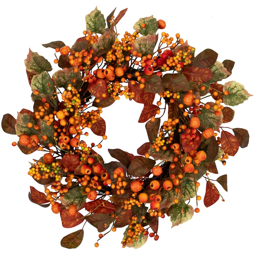 Gourds and Berries Artificial Fall Harvest Wreath Orange and Green - Unlit. Picture 1