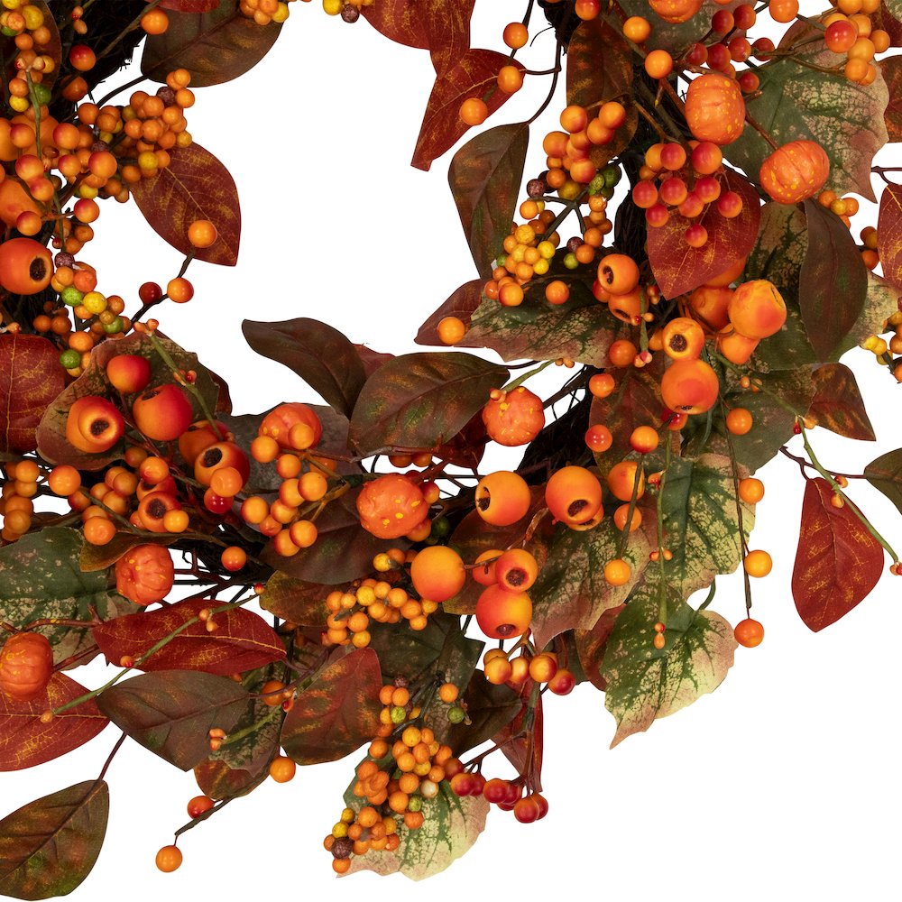 Gourds and Berries Artificial Fall Harvest Wreath Orange and Green - Unlit. Picture 6