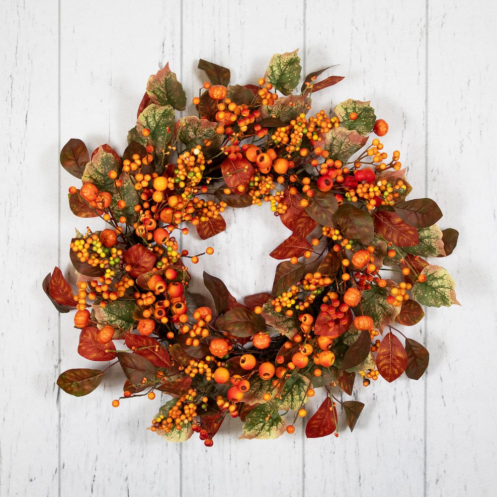 Gourds and Berries Artificial Fall Harvest Wreath Orange and Green - Unlit. Picture 4