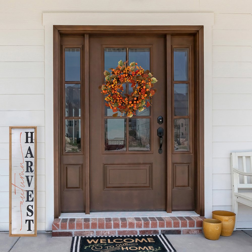 Gourds and Berries Artificial Fall Harvest Wreath Orange and Green - Unlit. Picture 2