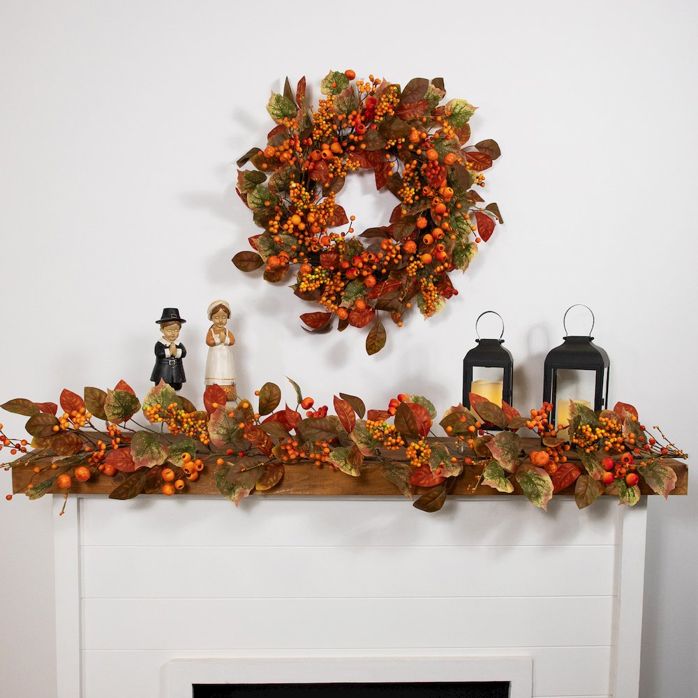 Gourds and Berries Artificial Fall Harvest Wreath Orange and Green - Unlit. Picture 3