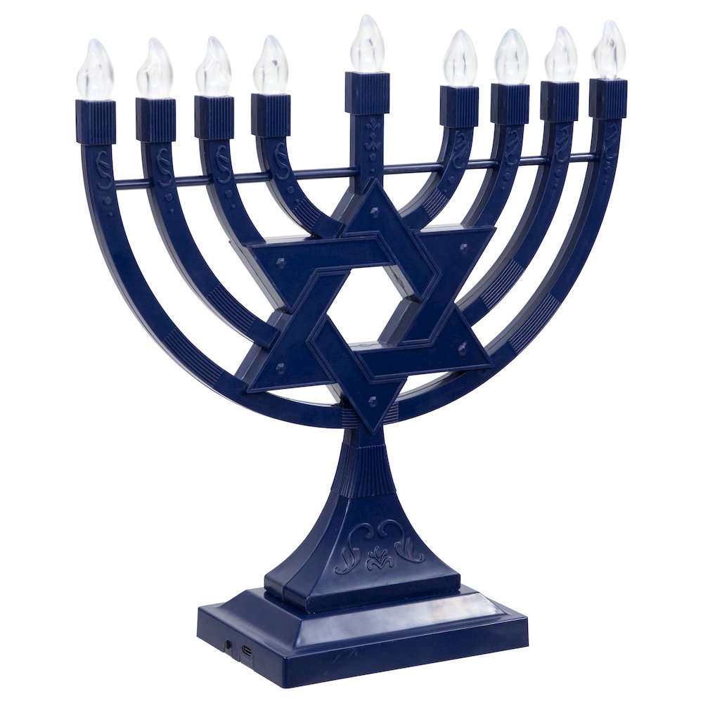 Battery Operated LED Lighted Star of David Hanukkah Menorah - 11.75" - Blue. Picture 5