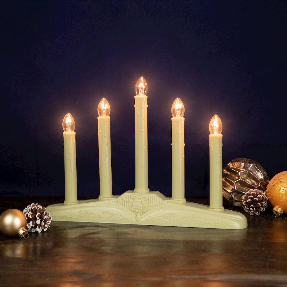 14.5" Ivory 5-Lights Christmas Chandelier on Holly Berry and Bell Base Candle Lamp. Picture 2