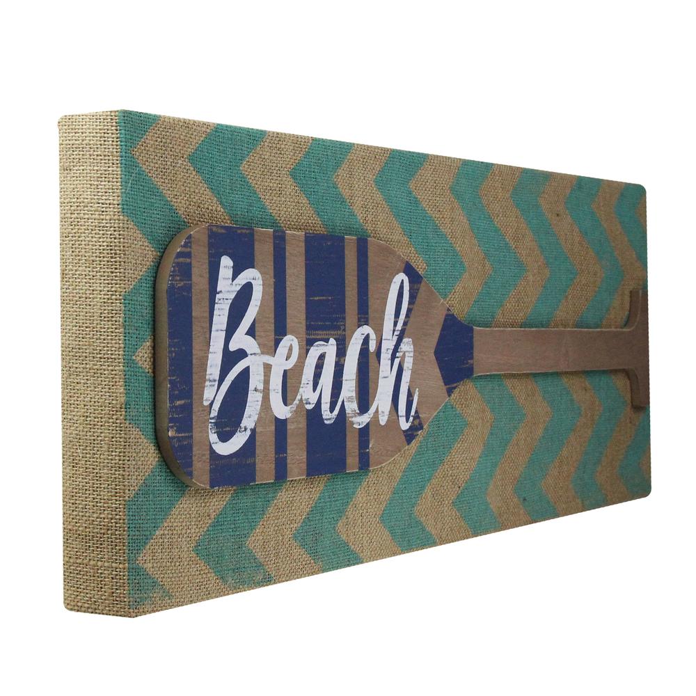 Aqua Blue Chevron Burlap with â€œBeach" Wood Look Oar Linen Wall Art 24". Picture 2