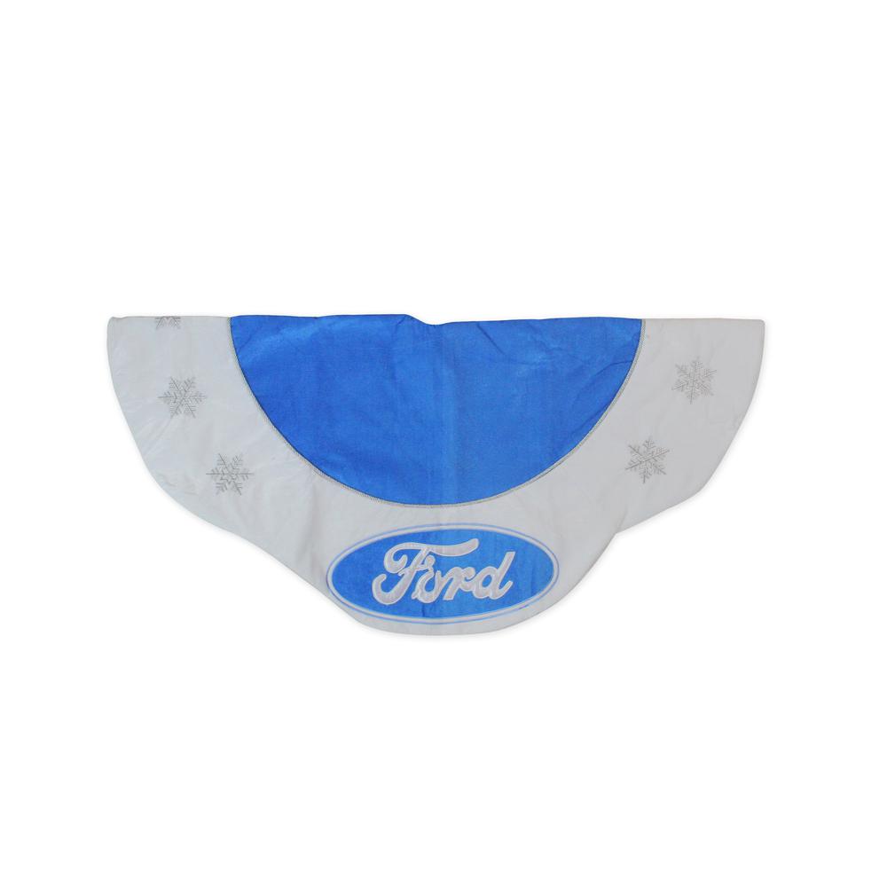 45.5" Blue and White Ford Scalloped Christmas Tree Skirt. Picture 1