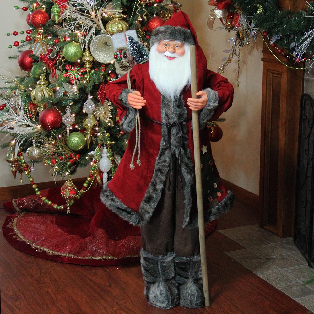 48" Red and Brown Standing Santa Claus Christmas Figurine with Walking Stick. Picture 4