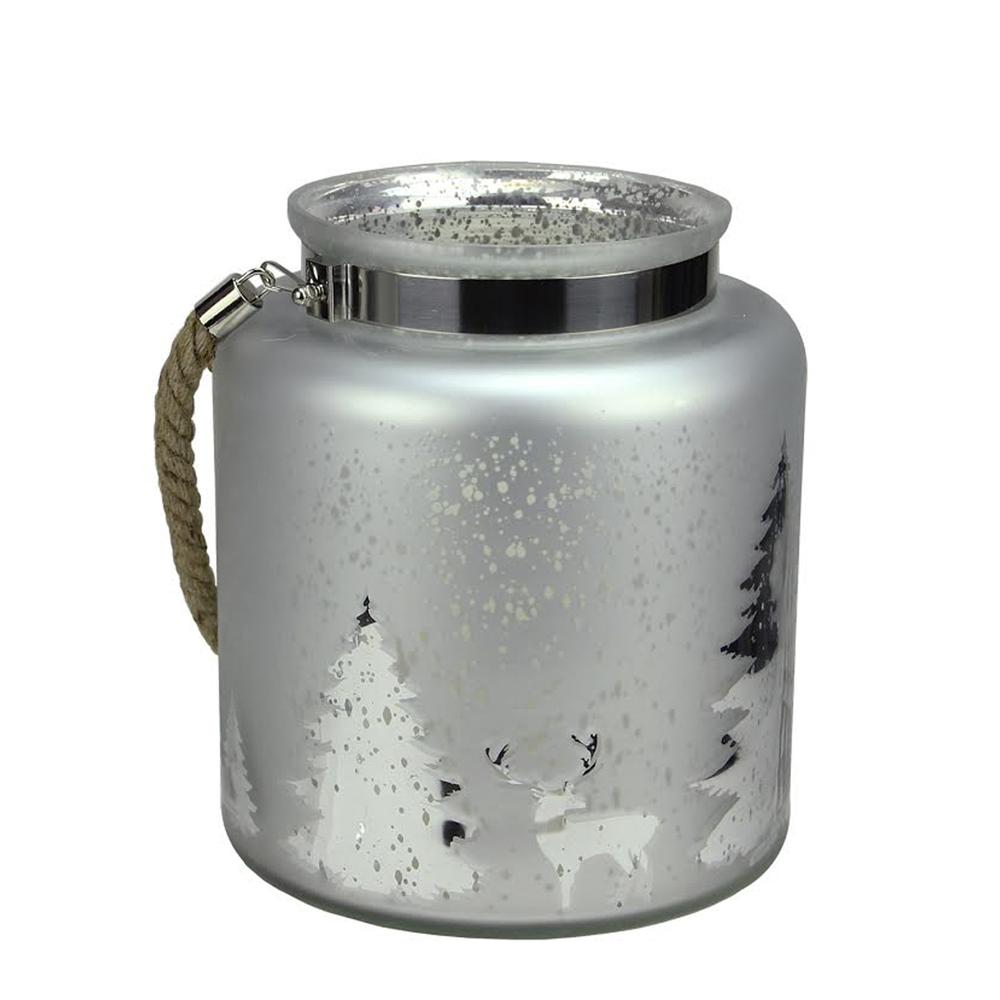 9.5" Gray and Silver Tree Silhouette Mercury Glass Christmas Pillar Candle Holder. Picture 1