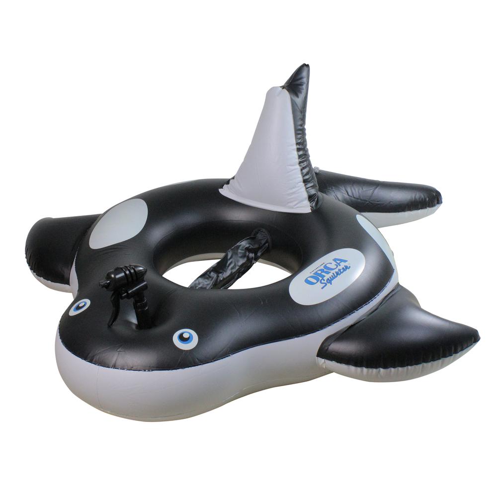60" Inflatable Black and White Orca Whale Squirter Swimming Pool Float. Picture 1