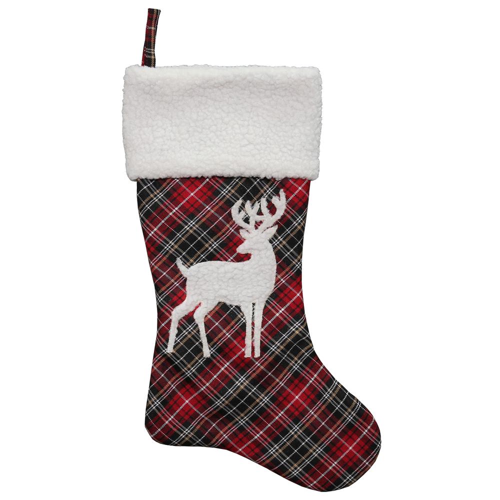 20" Black and Red Tartan Reindeer Christmas Stocking with Cuff. Picture 1