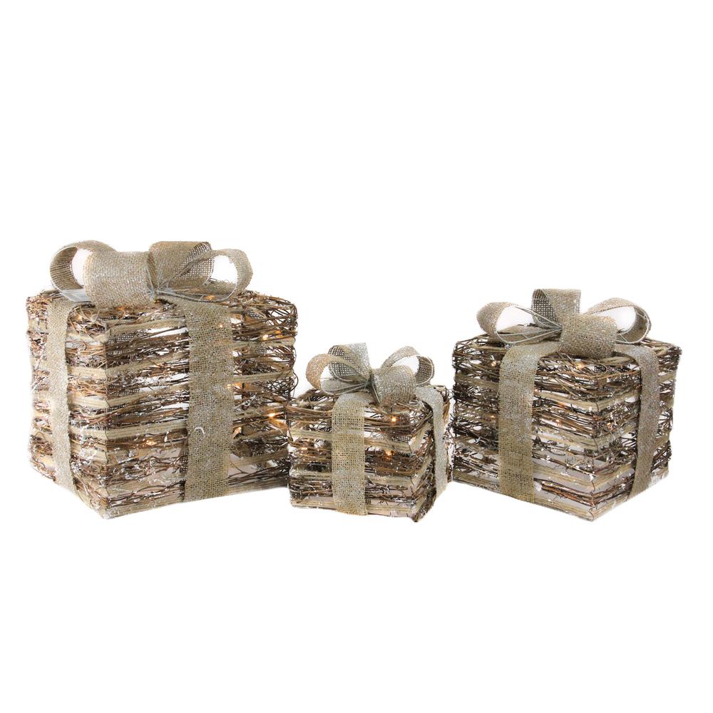 Set of 3 Lighted Rattan Gift Boxes with Burlap Bows Tabletop Christmas Decorations 9.75". Picture 1