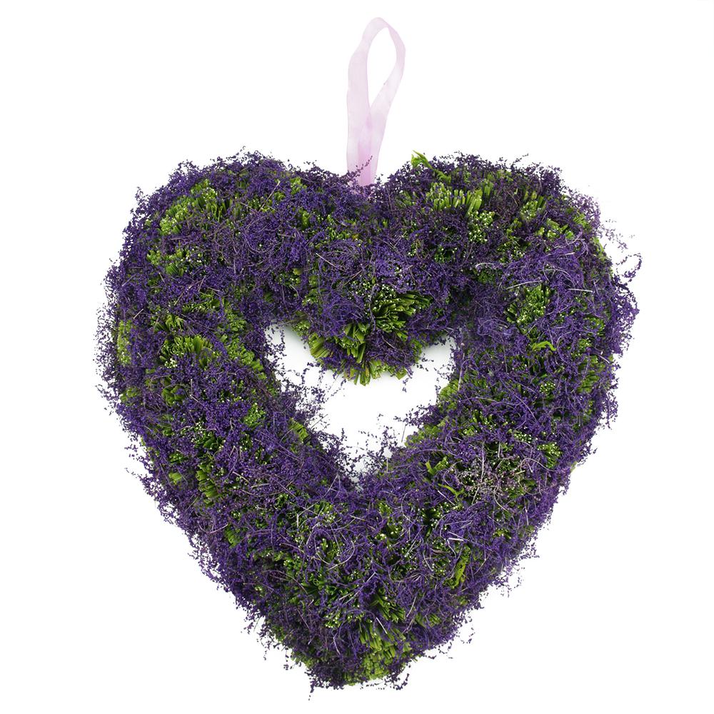 Reindeer Moss Twig Heart-Shaped Spring Floral Wreath  Purple and Green 14.5-Inch. Picture 1