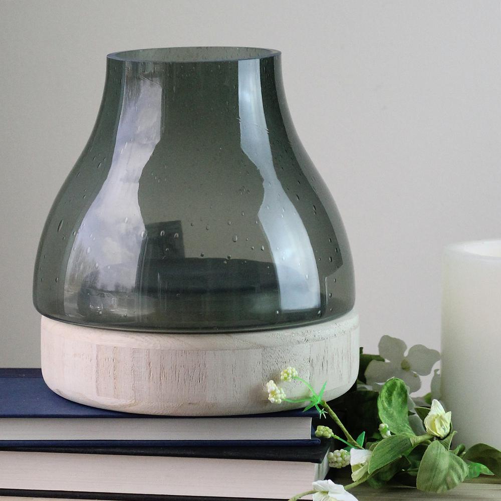 7.75" Storm Gray Bubble Glass Pillar Candle Holder with Wooden Base. Picture 4