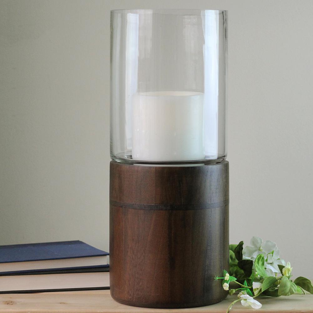 15.25" Clear Glass Hurricane Pillar Candle Holder with Wooden Base. Picture 3