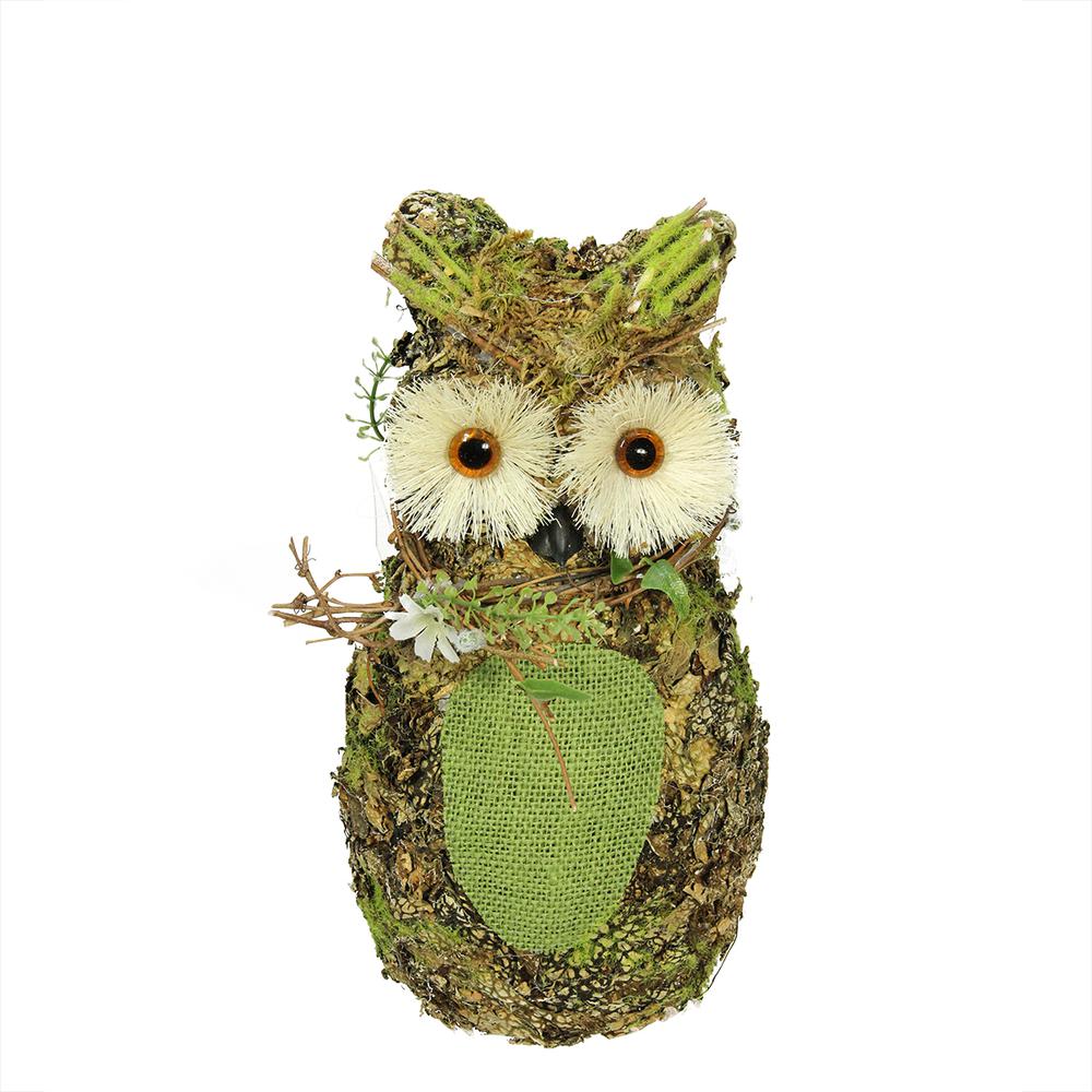 11" Brown and Green Decorative Owl Spring Table Top Figure. Picture 1