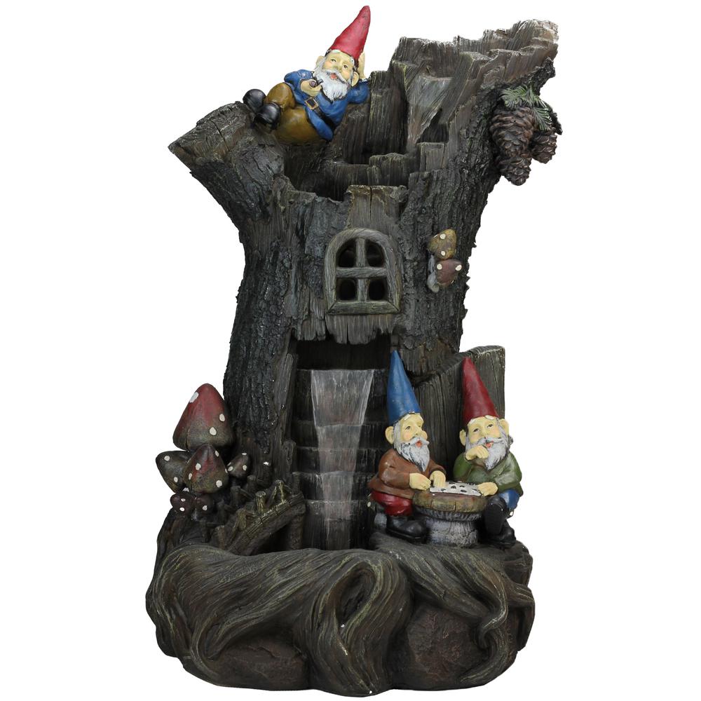 28" Brown Three-tier Gnome Home Tree Stump Outdoor Garden Water Fountain. Picture 1