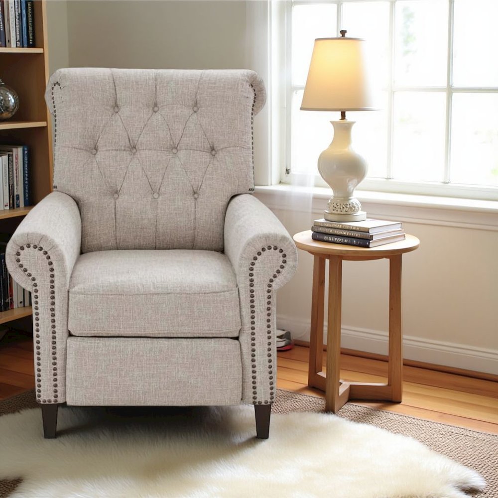 Beige Wingback Recliner Chair – Upholstered Push Back Accent Seat. Picture 2
