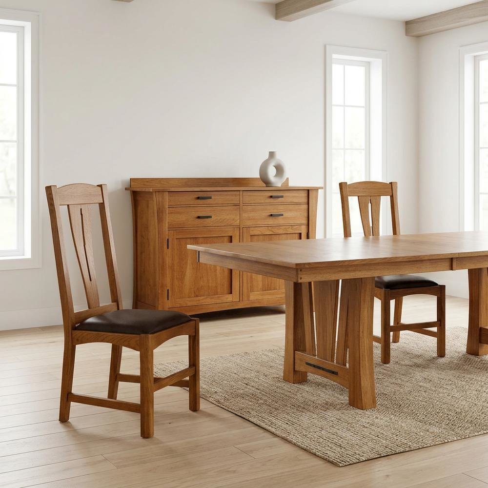 Set of 2 distressed amber wood side chairs with top grain leather seats. Picture 2
