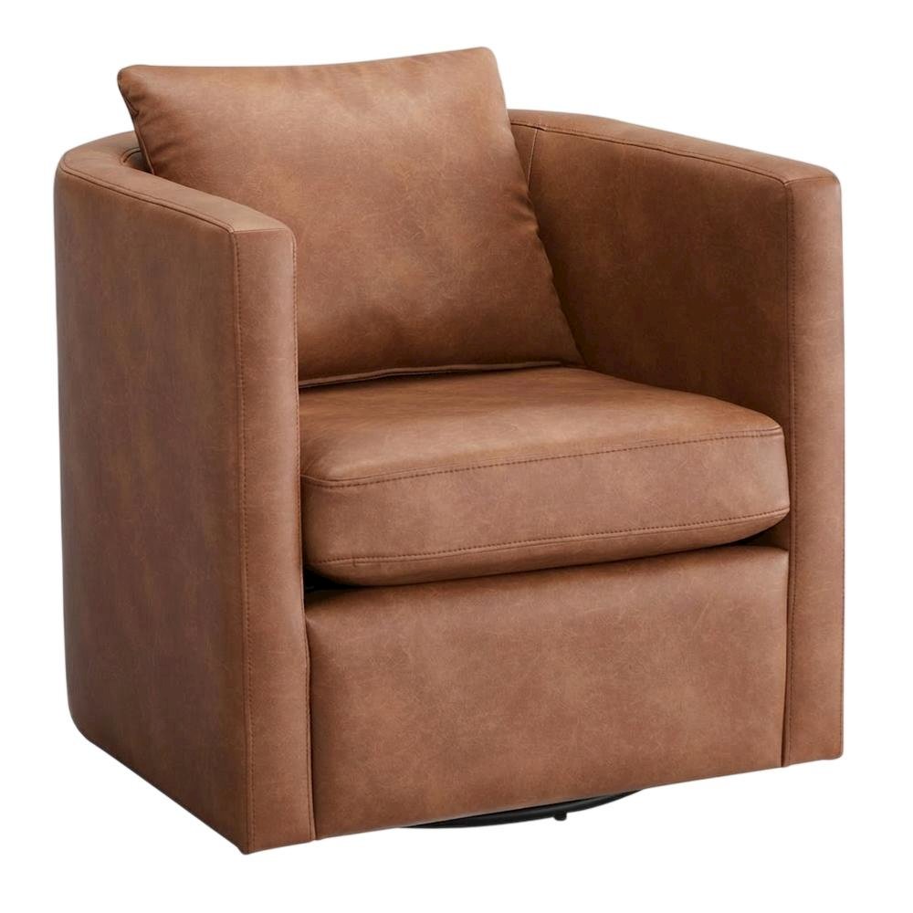 Brown Faux Leather Swivel Barrel Chair with Cushioned Seat. Picture 6