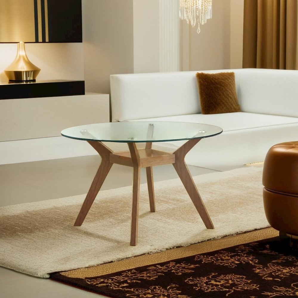 Sophisticated Round Dining Table with Clear Glass Top and Nutmeg Wood Base. Picture 4