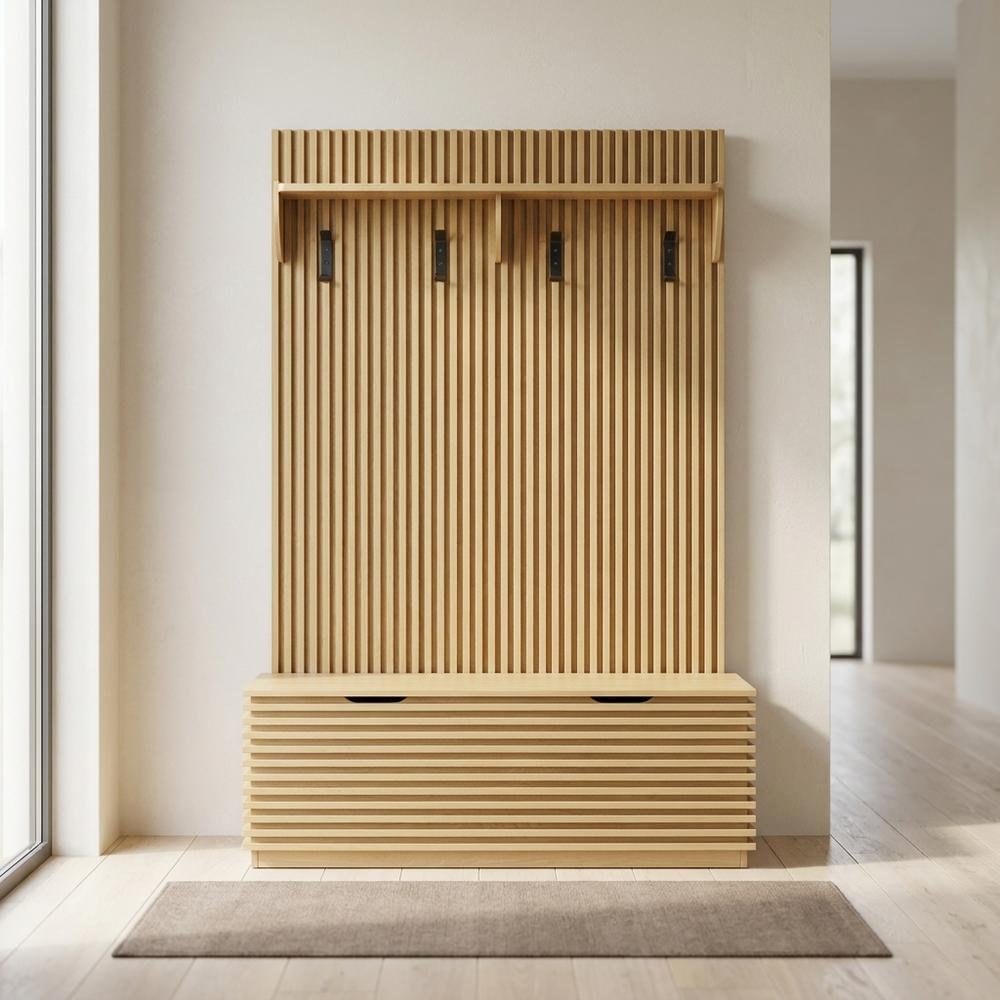 Fluted Hall Tree with Storage Bench, Coat Rack & Shoe Storage, Entryway, Oak. Picture 2