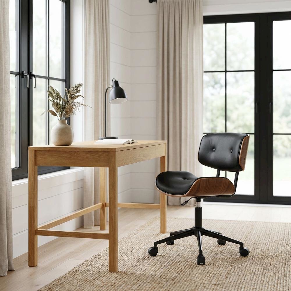 Mid-Century Modern Adjustable Office Chair with Walnut Finish and Black Accents. Picture 2