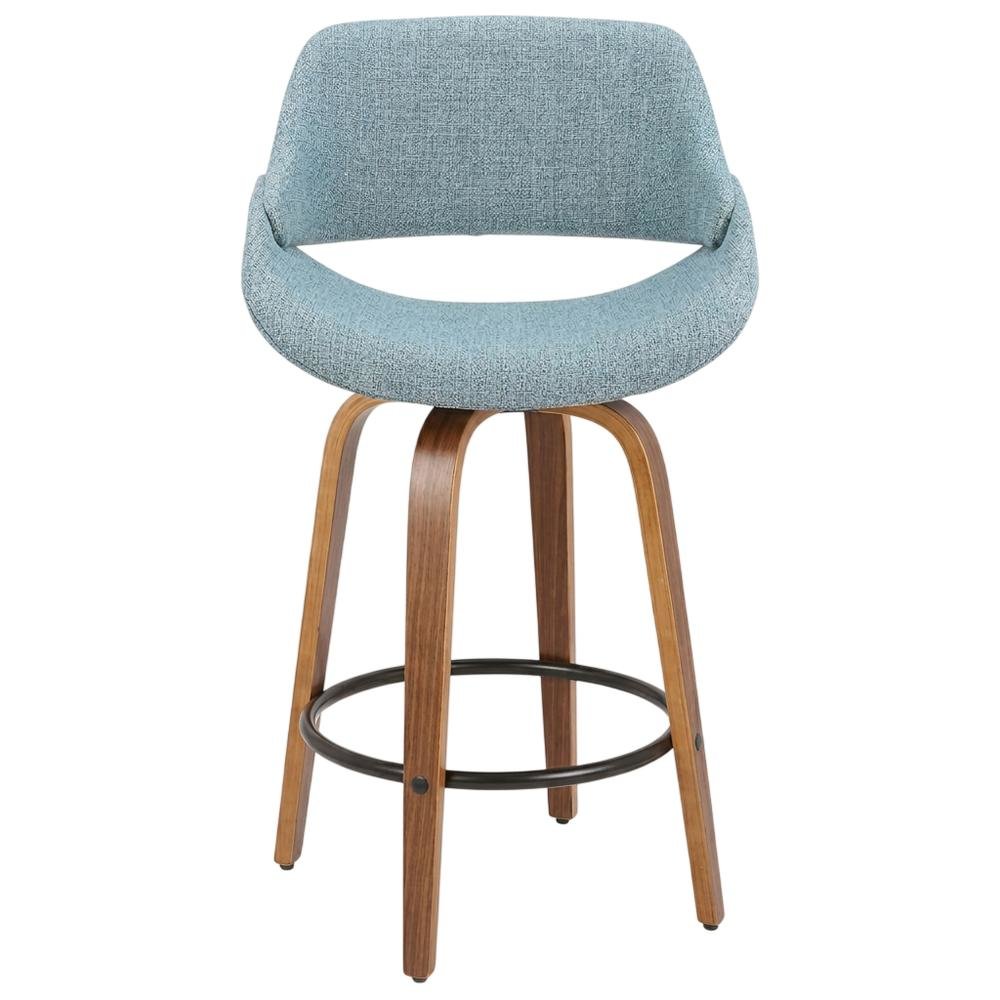 Walnut and Blue Noise Fabric Counter Stools, Mid-Century Modern Style, Set of 2. Picture 3