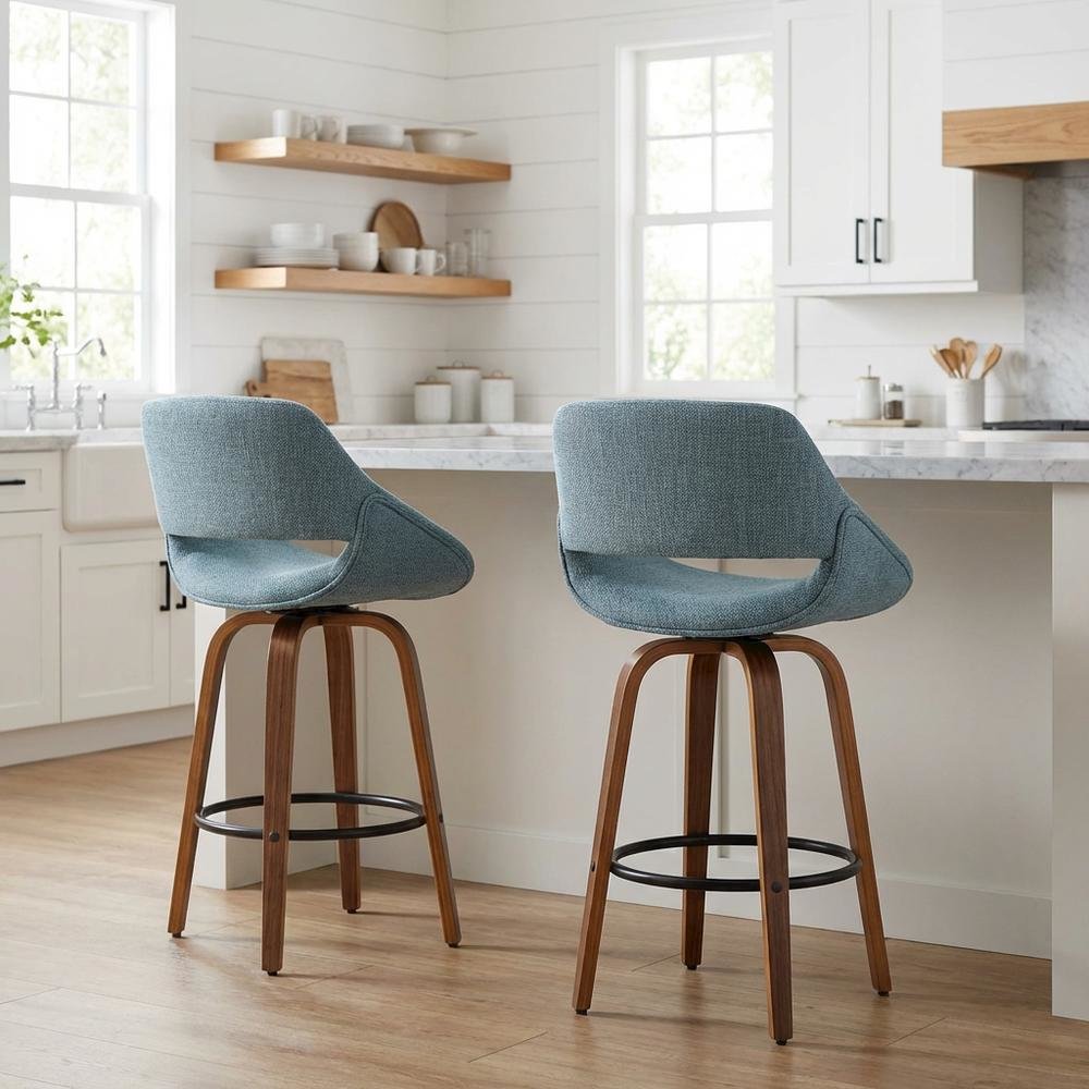Walnut and Blue Noise Fabric Counter Stools, Mid-Century Modern Style, Set of 2. Picture 2