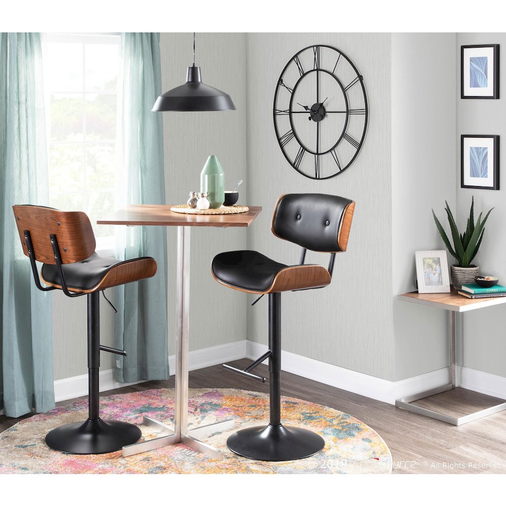 Black Metal, Walnut Wood, Black PU Lombardi Adjustable Barstool - Set of 2. Picture 9