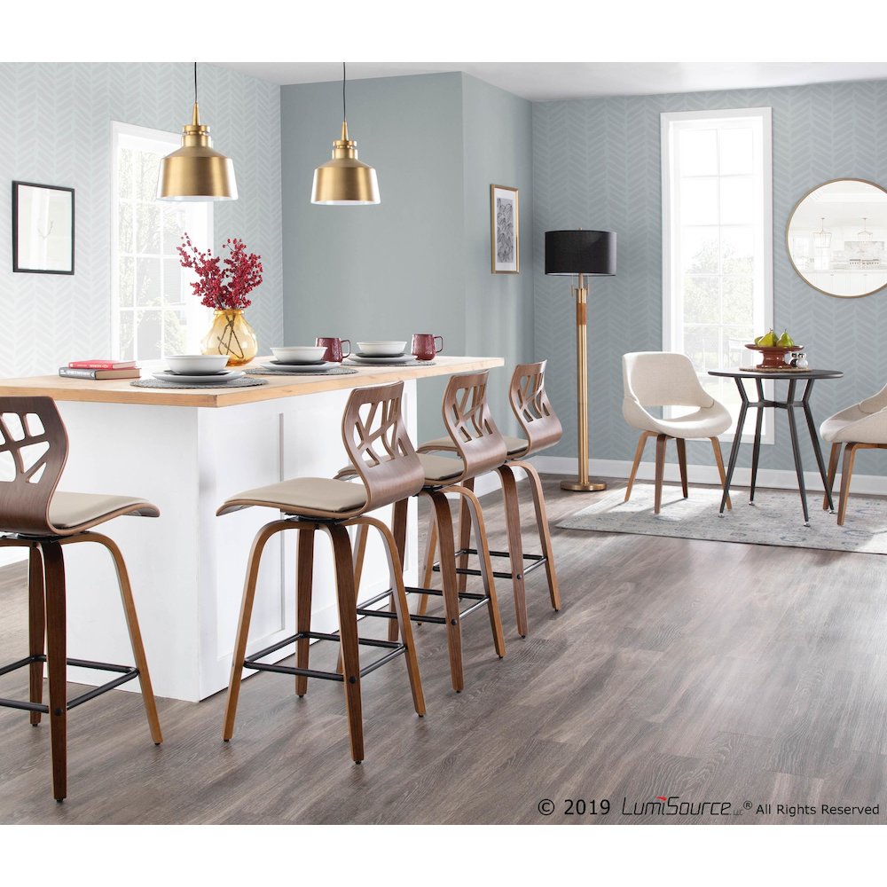 Walnut Wood, Cream PU, Black Metal Folia Counter Stool - Set of 2. Picture 9