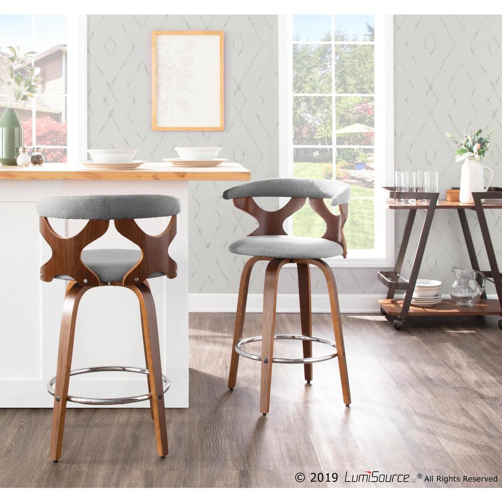 Walnut Wood, Light Grey Fabric, Chrome Gardenia Counter Stool - Set of 2. Picture 8
