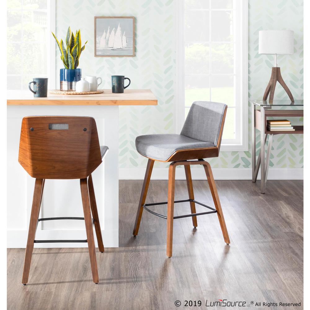 Walnut Wood, Light Grey Fabric, Black Metal Corazza Counter Stool. Picture 7