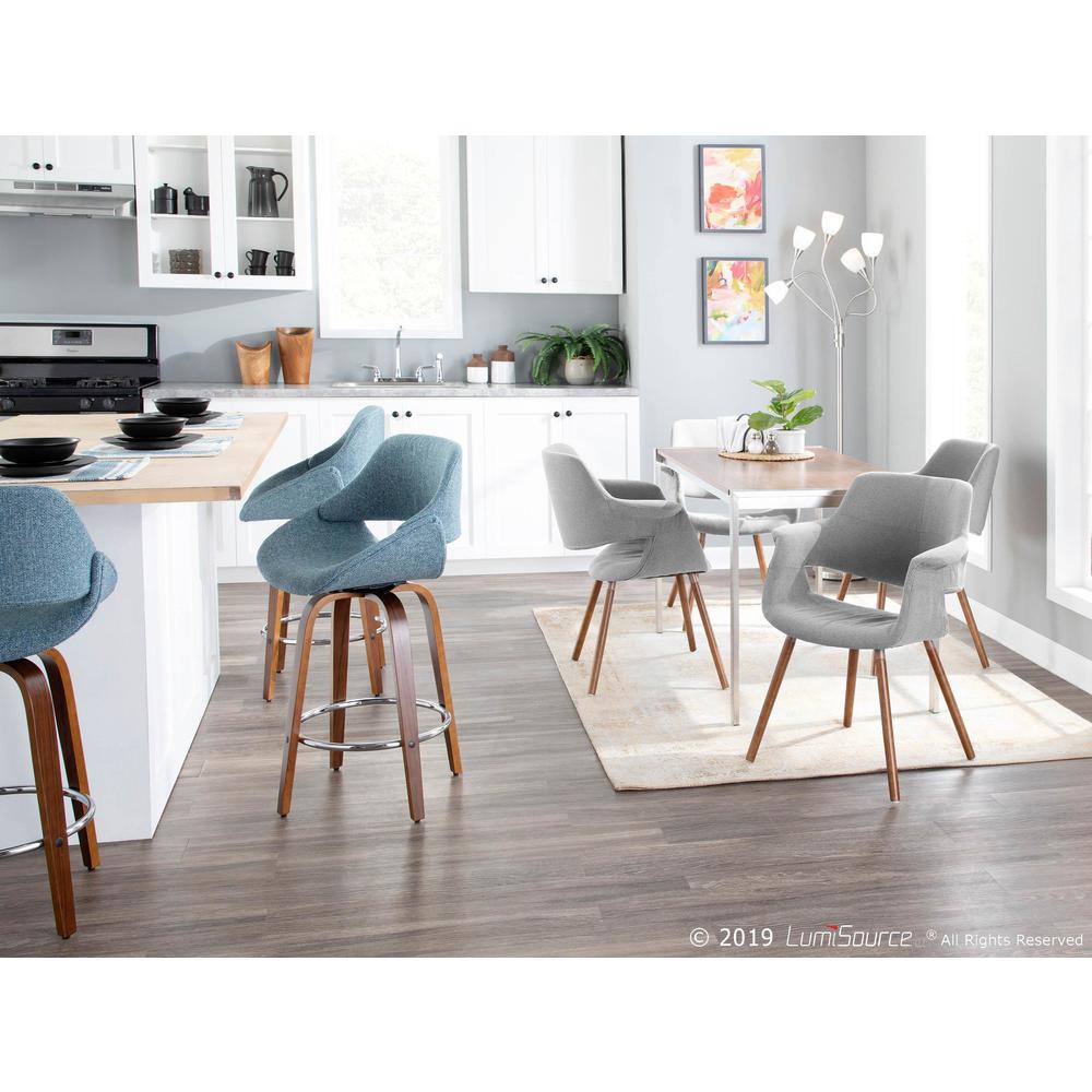 Walnut Wood, Blue Fabric, Chrome Fabrico Counter Stool - Set of 2. Picture 9