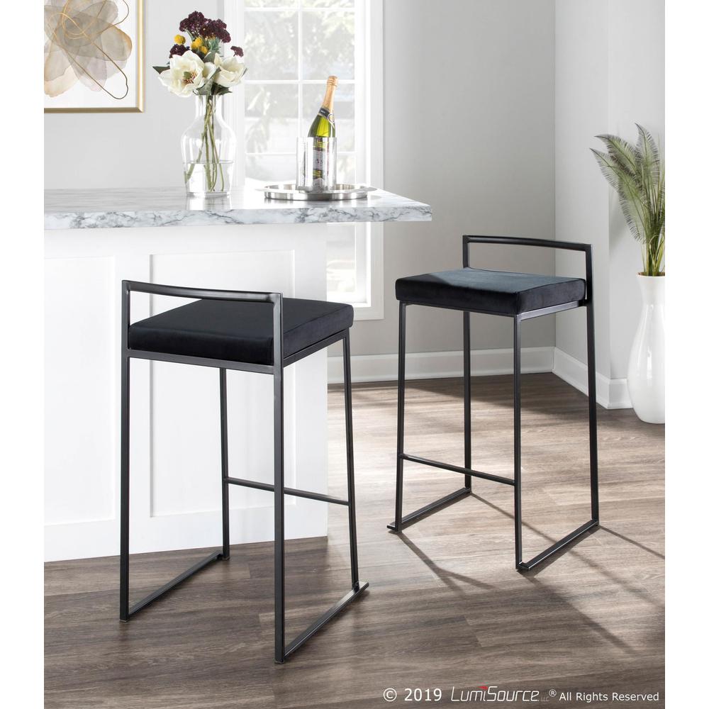 Black Metal, Black Velvet Fuji Stacker Counter Stool - Set of 2. Picture 10