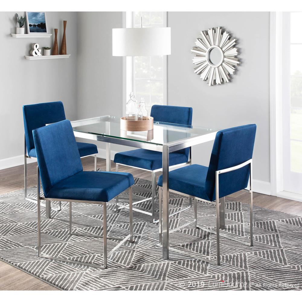 Brushed Stainless Steel, Blue Velvet High Back Fuji Dining Chair - Set of 2. Picture 8