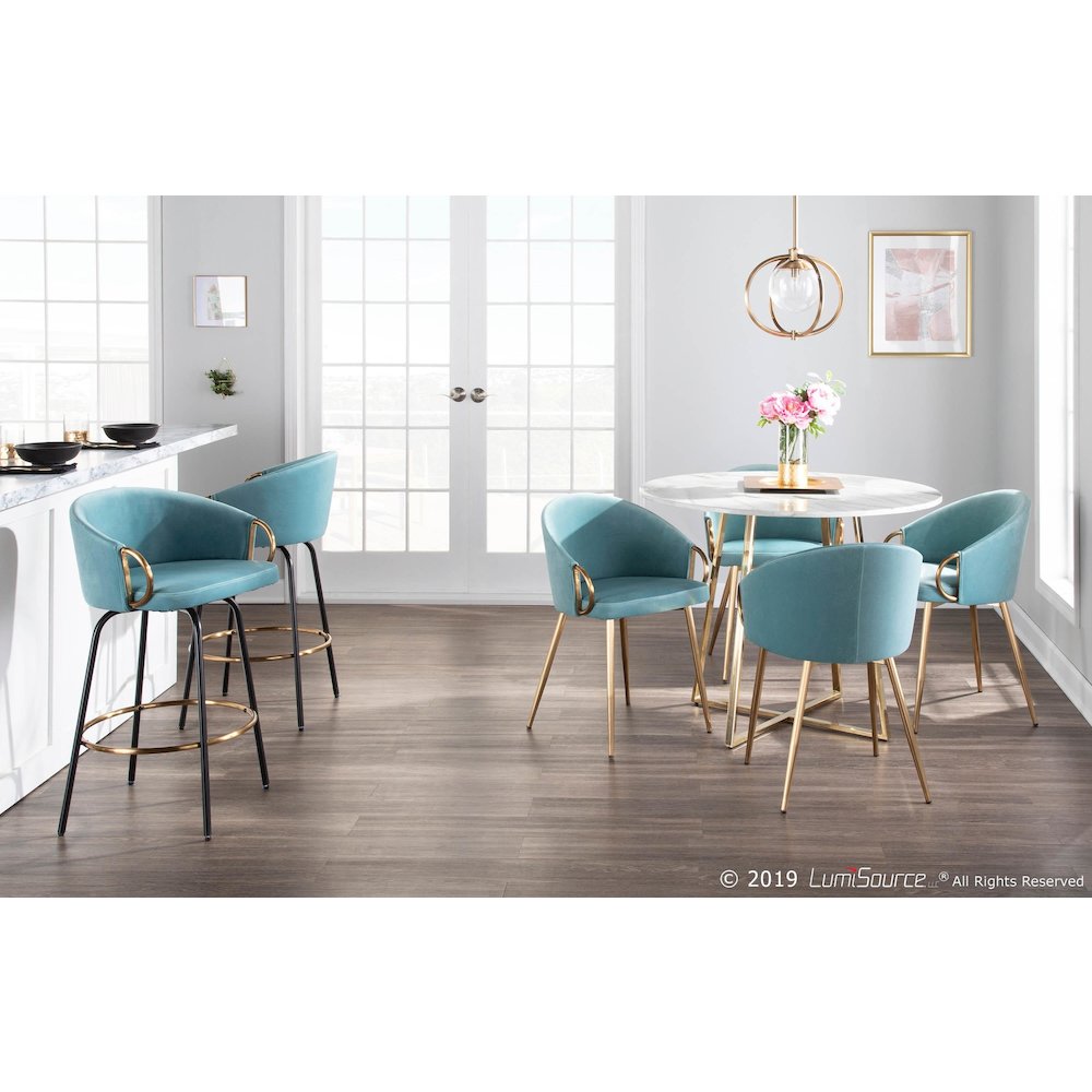 Black Metal, Gold Metal, Light Blue Velvet Claire Counter Stool - Set of 2. Picture 9