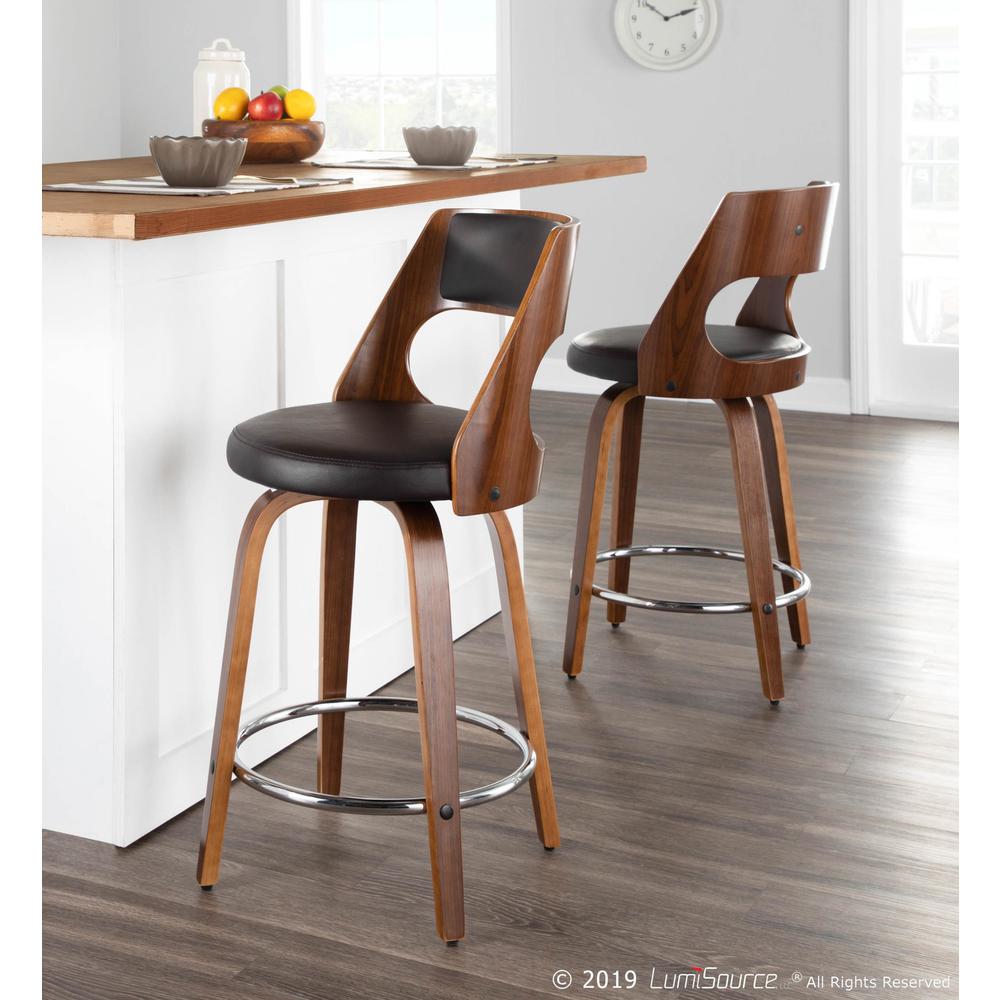 Walnut Wood, Brown PU, Chrome Cecina 24.5'' Counter Stool - Set of 2. Picture 10