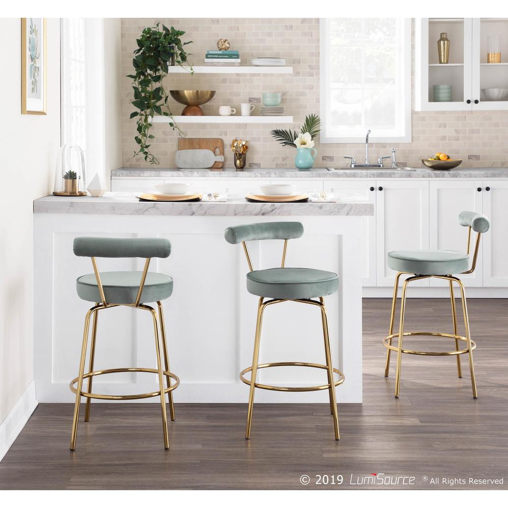 Gold Metal, Sage Green Velvet Rhonda Counter Stool - Set of 2. Picture 10