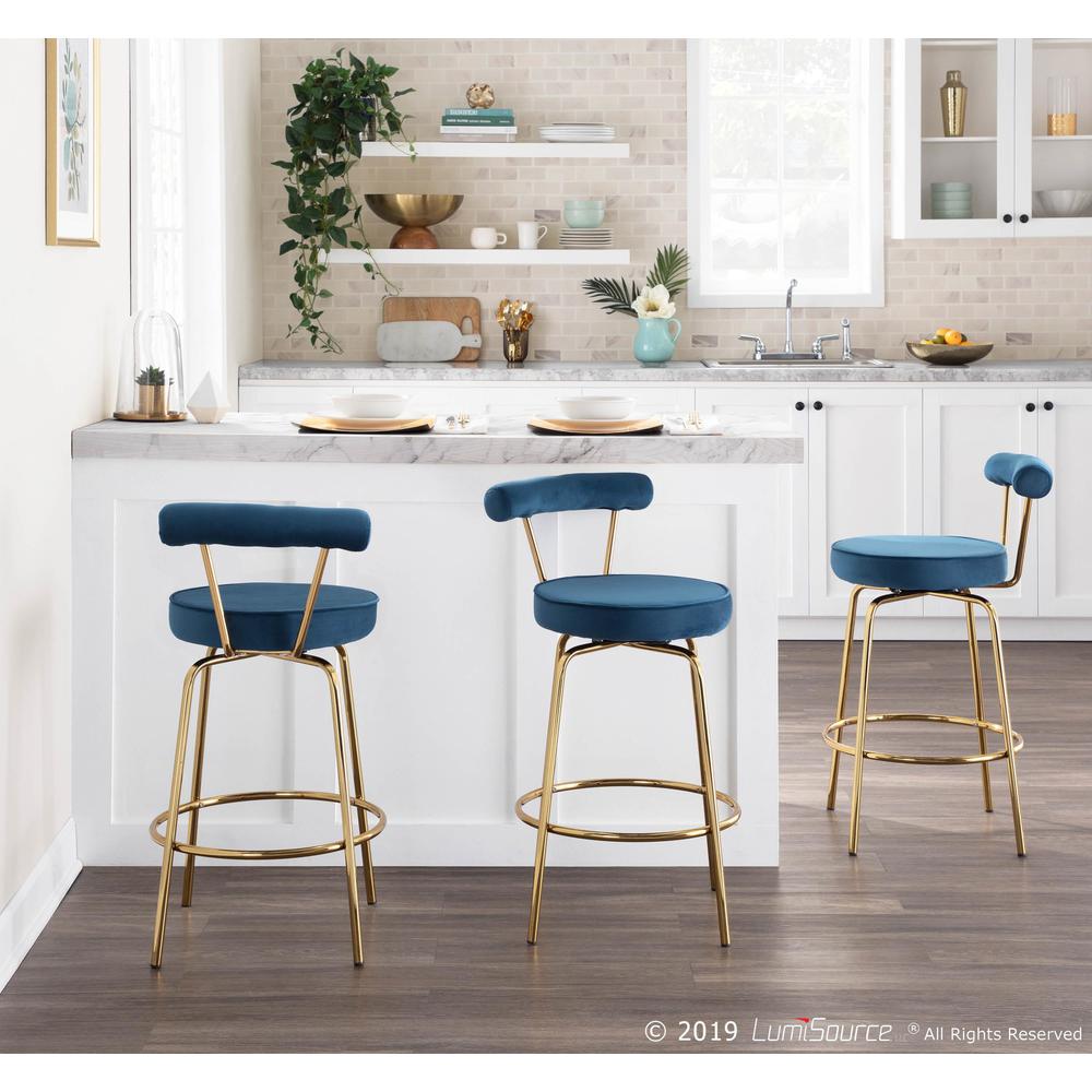 Gold Metal, Blue Velvet Rhonda Counter Stool - Set of 2. Picture 9