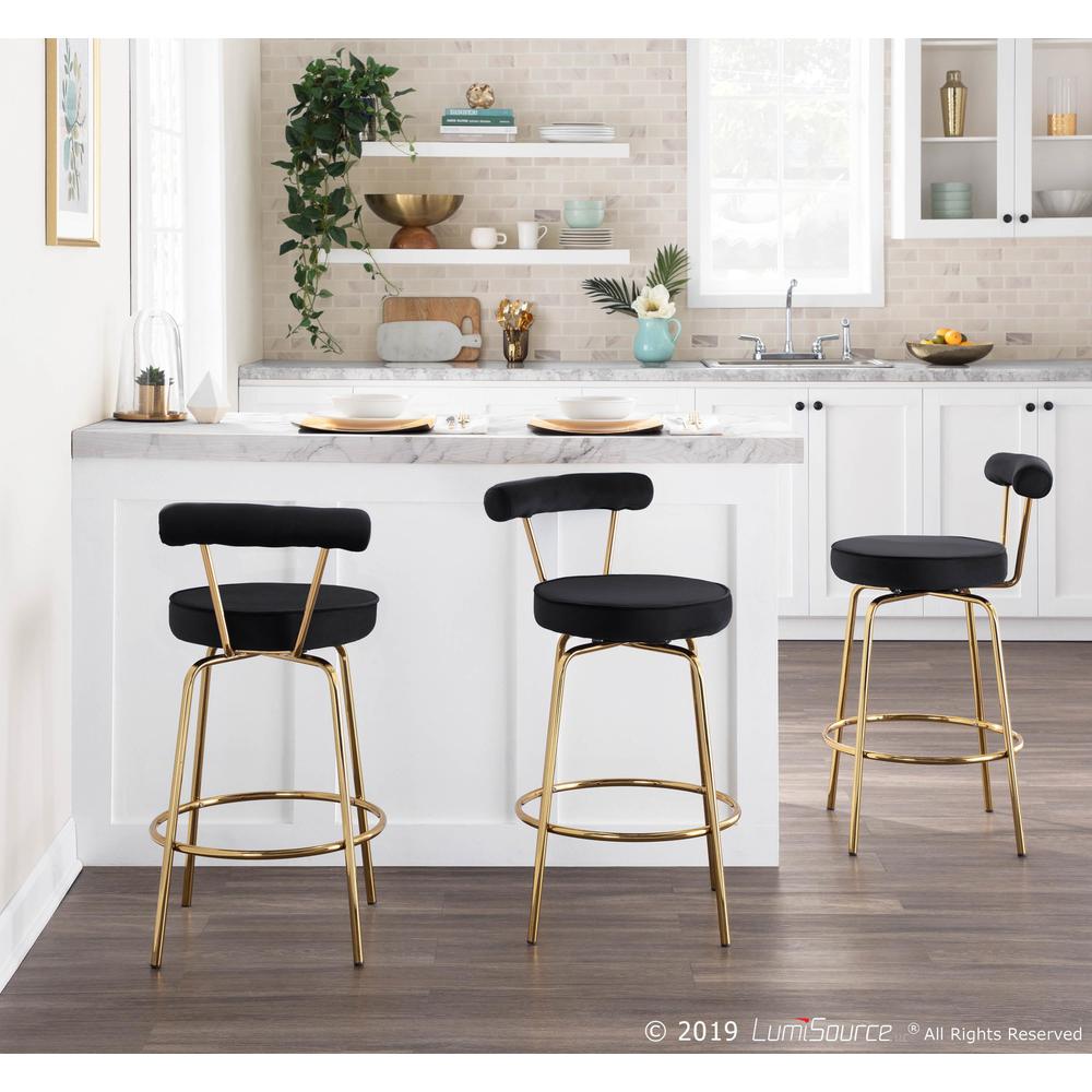 Gold Metal, Black Velvet Rhonda Counter Stool - Set of 2. Picture 9