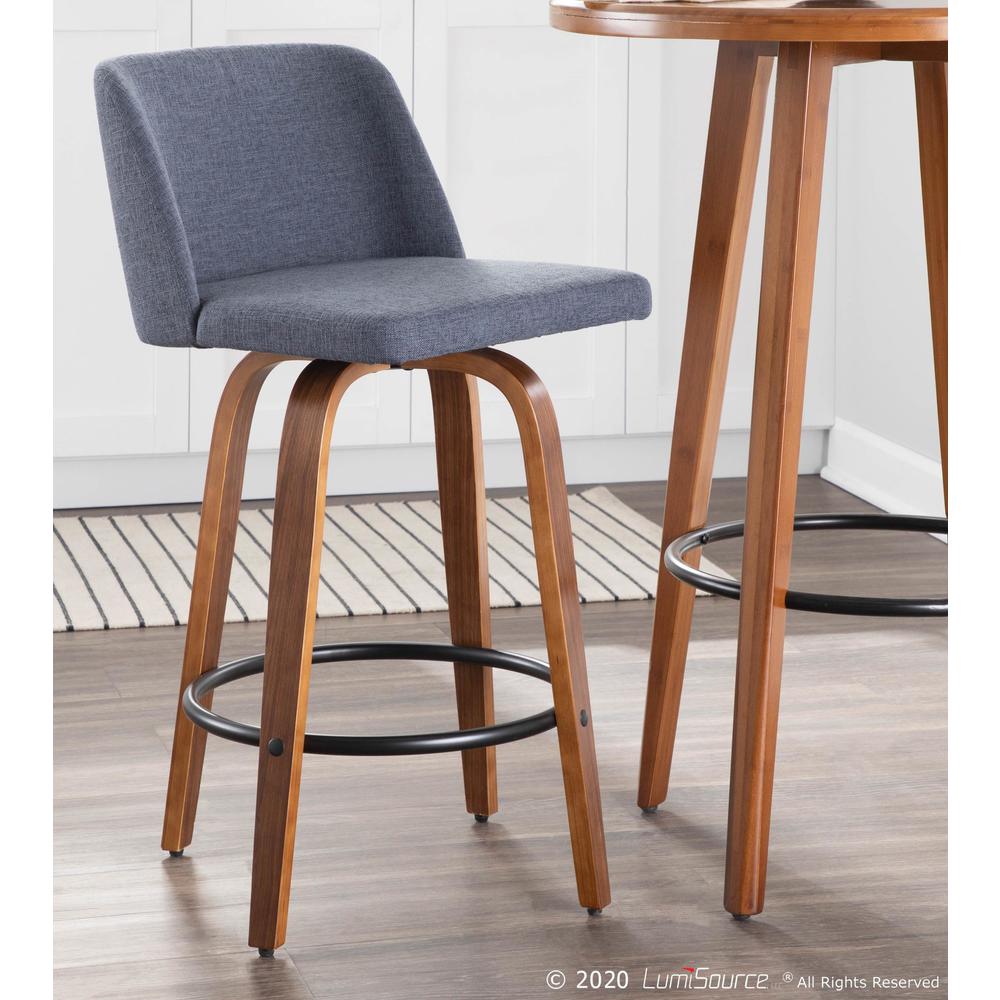 Walnut Wood, Blue Fabric, Chrome Toriano Counter Stool - Set of 2. Picture 9