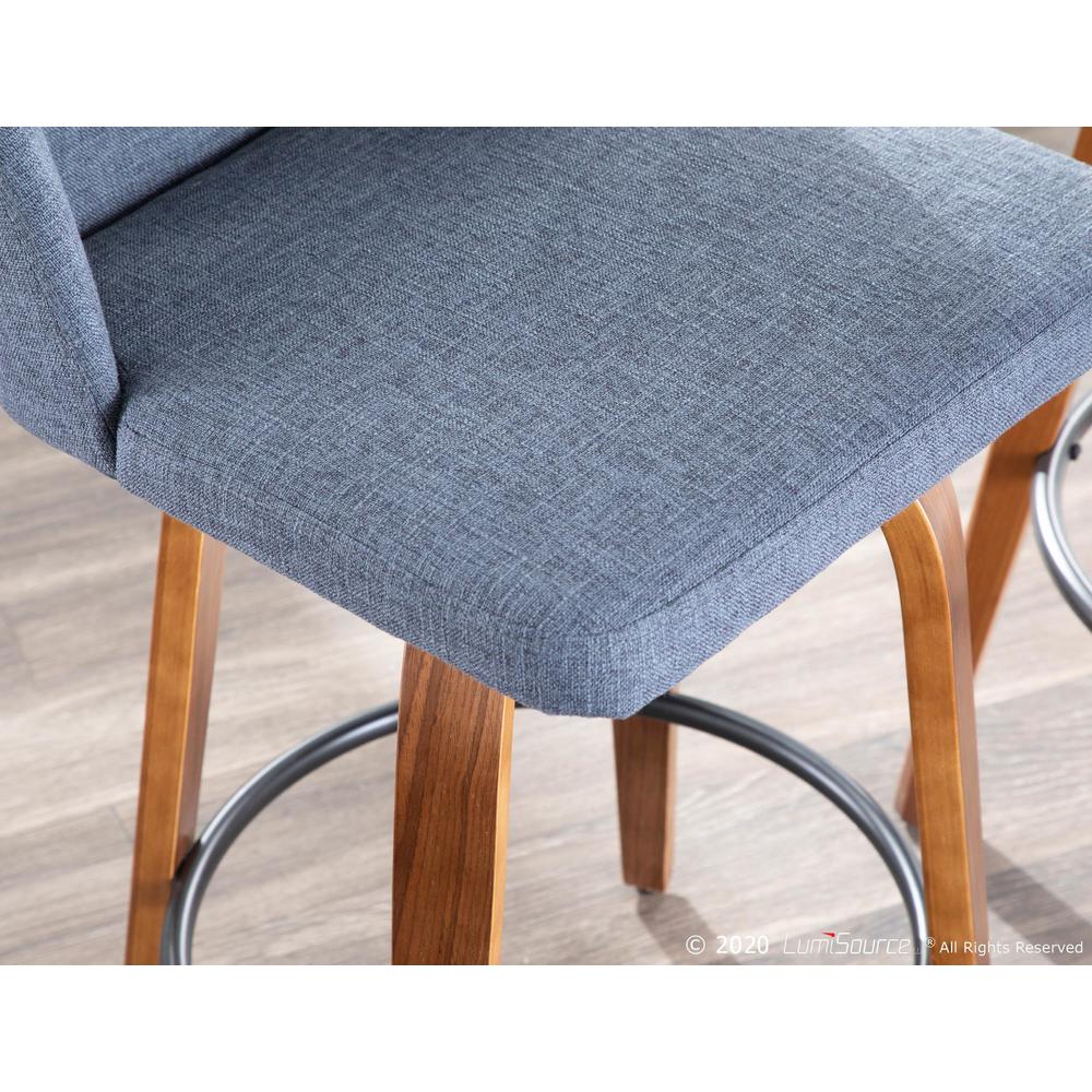 Walnut Wood, Blue Fabric, Chrome Toriano Counter Stool - Set of 2. Picture 12