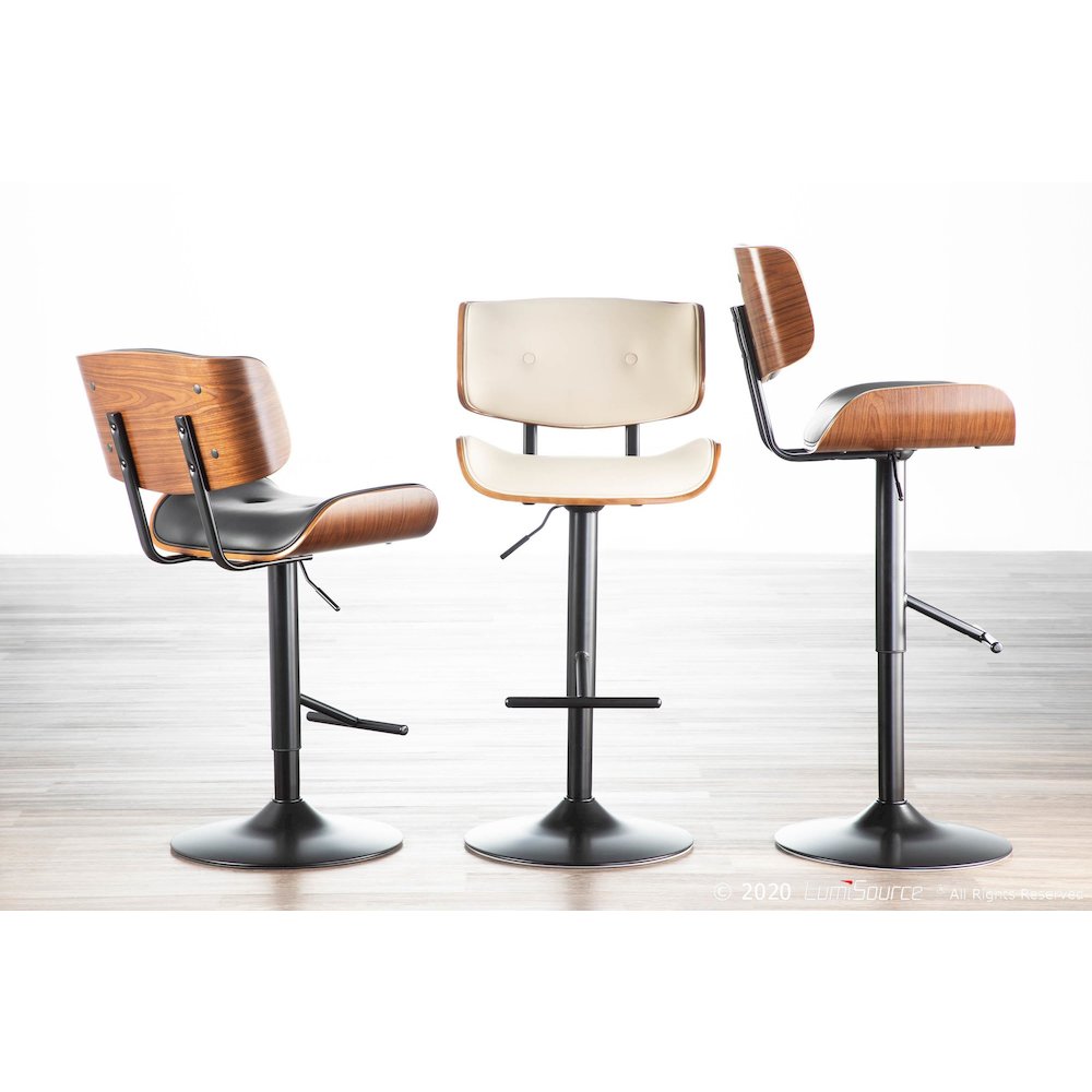 Black Metal, Walnut Wood, Grey PU Lombardi Adjustable Barstool - Set of 2. Picture 11