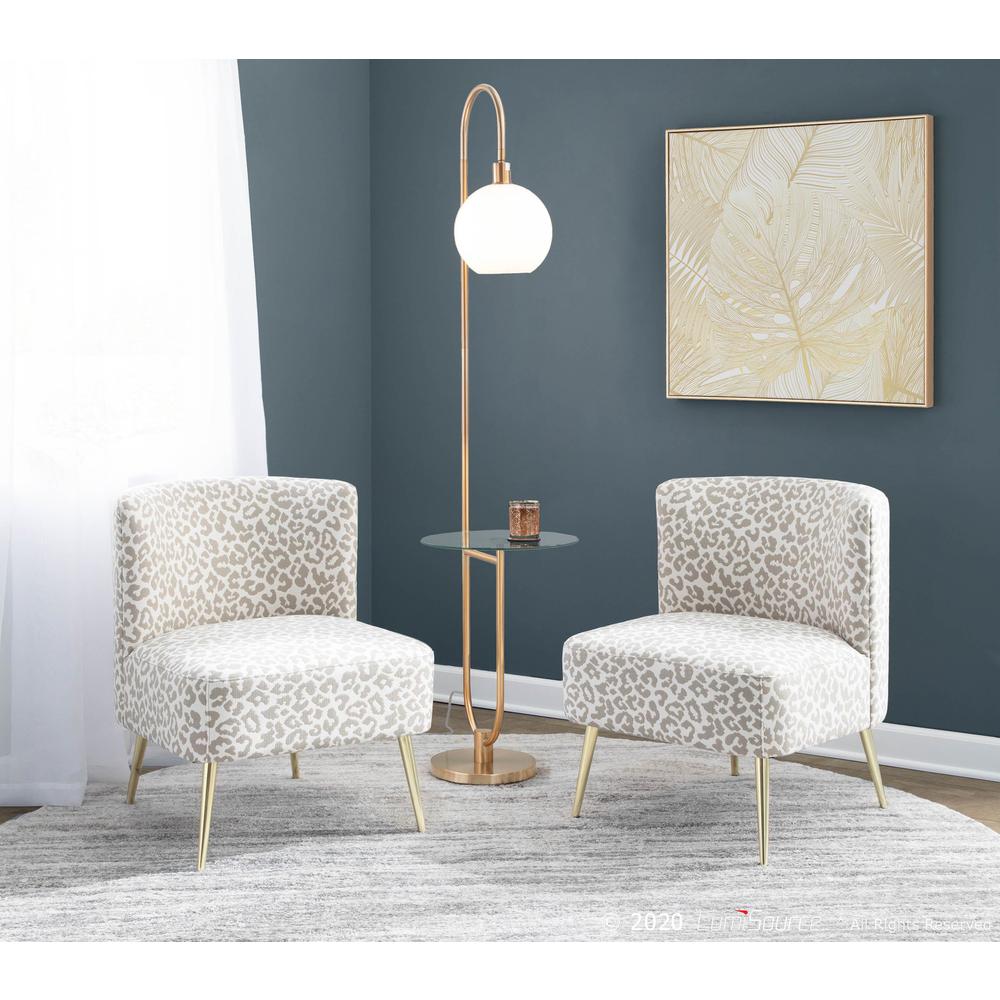 Gold Metal, Clear Glass, White Plastic Trombone Floor Lamp with Table. Picture 11
