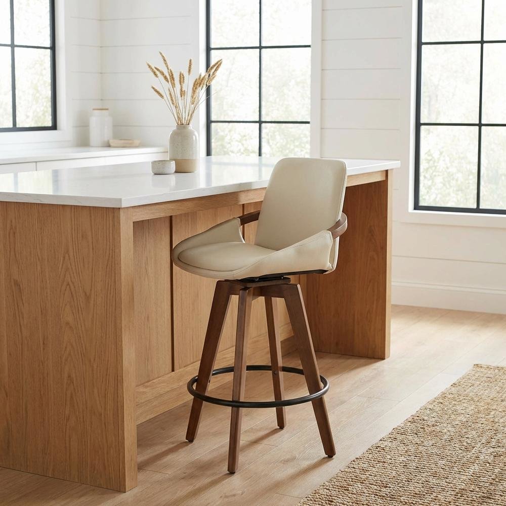 Mid-Century Counter Stool in Walnut and Cream Faux Leather with Armrests. Picture 2