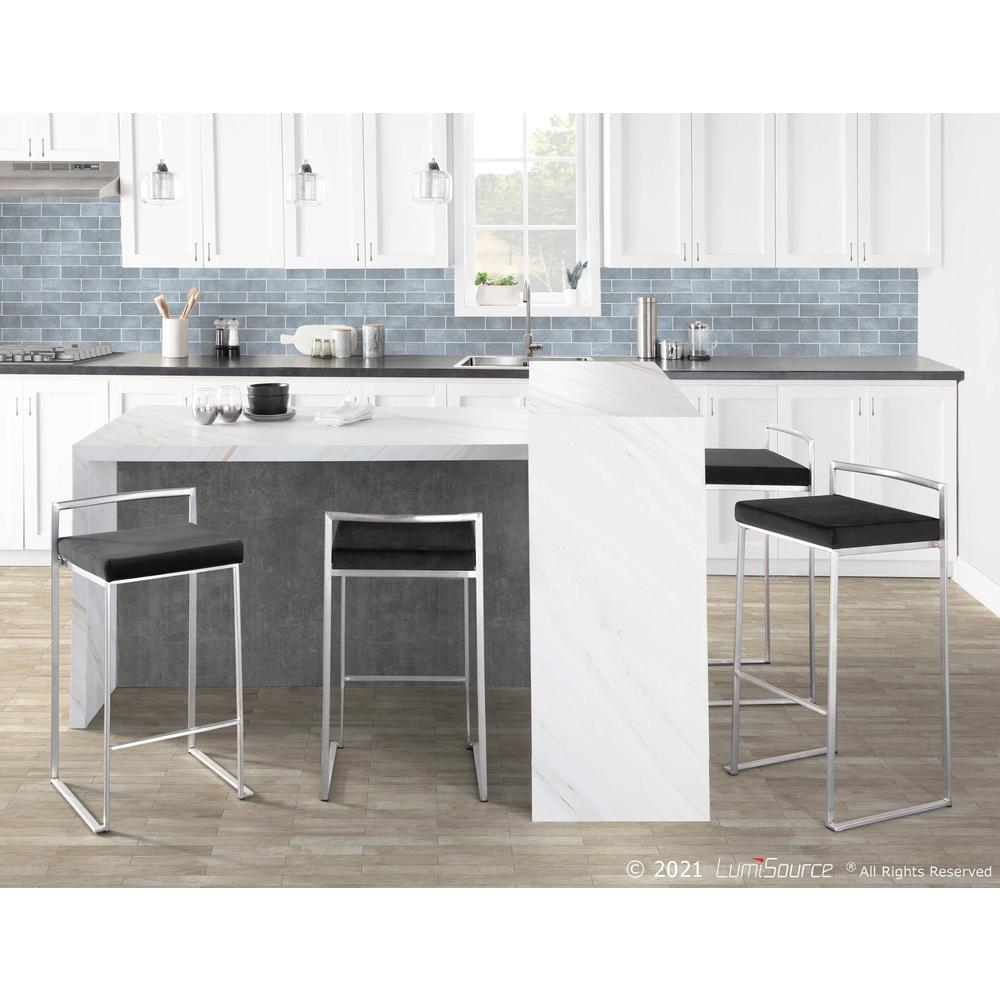 Brushed Stainless Steel, Black Velvet Fuji Stacker Counter Stool - Set of 2. Picture 9