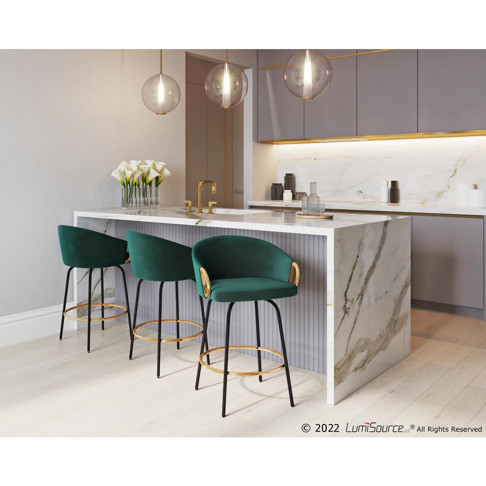 Black Metal, Gold Metal, Emerald Green Velvet Claire Counter Stool - Set of 2. Picture 8