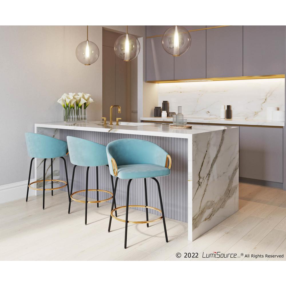Black Metal, Gold Metal, Light Blue Velvet Claire Counter Stool - Set of 2. Picture 8